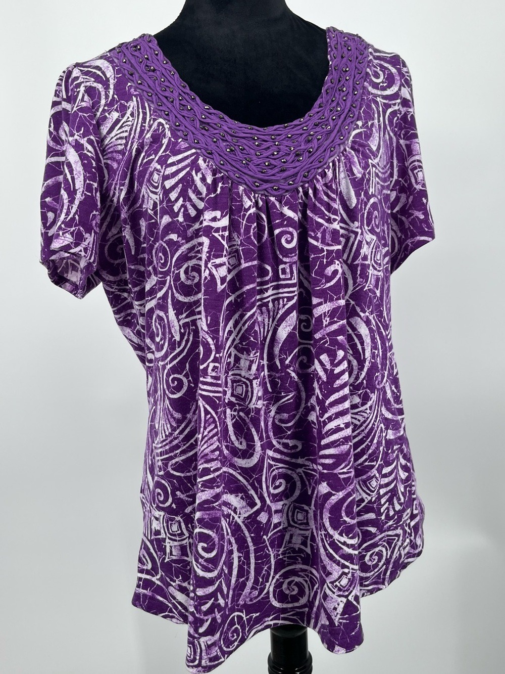 Essentials Purple Short-Sleeve Printed Top with Braided Beaded Yoke